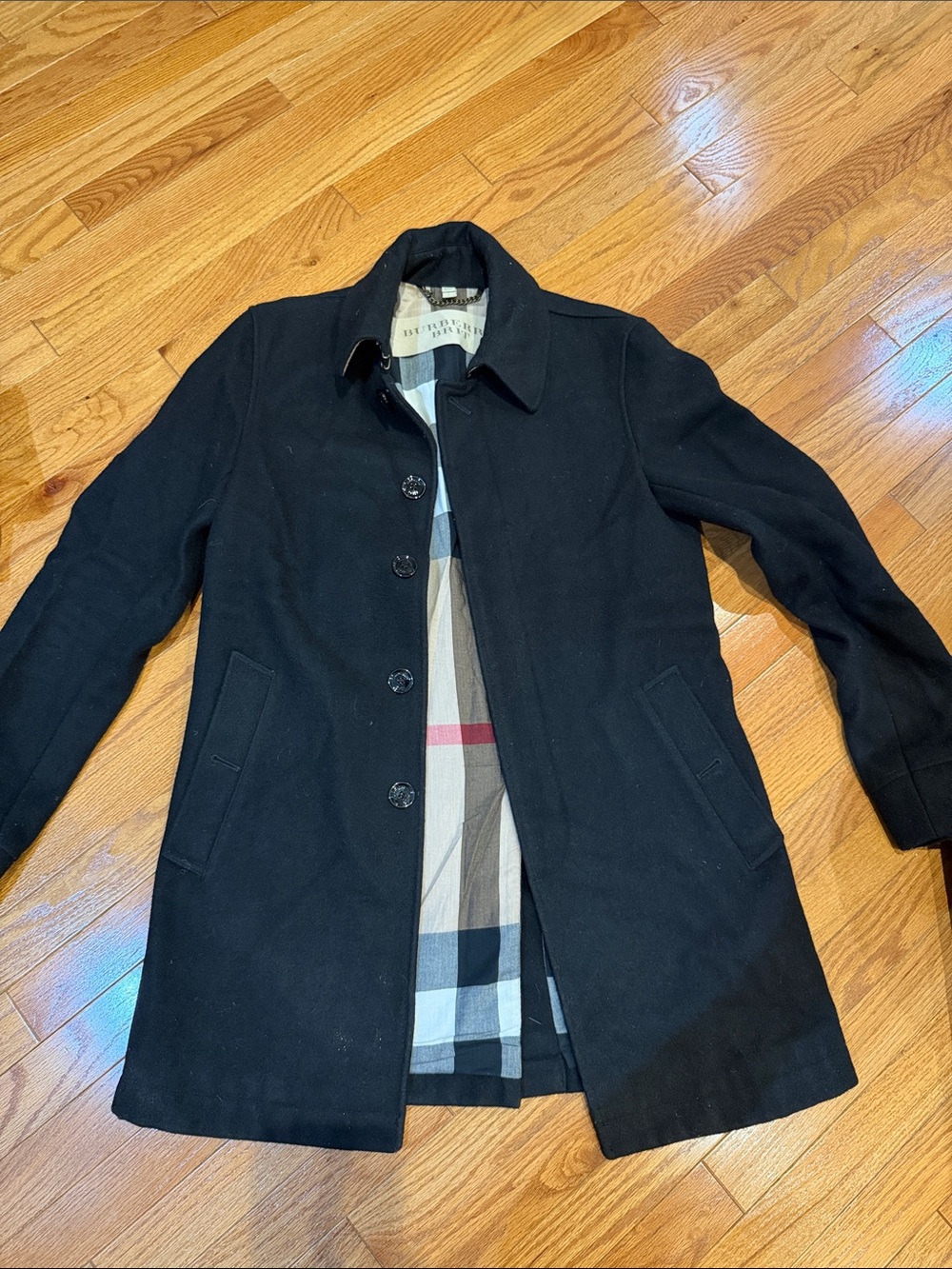 Burberry Black Pea Coat Jacket with Signature Check Lining & Pockets, Size S